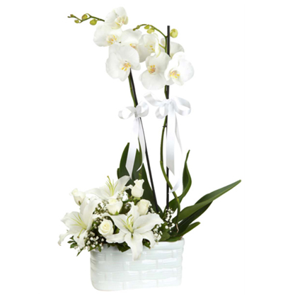 21 beyaz gül buketi Orkide Lilyum Gül 
