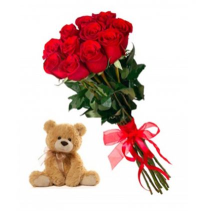 7 rote roses 11 Rote Rosen und Teddy 